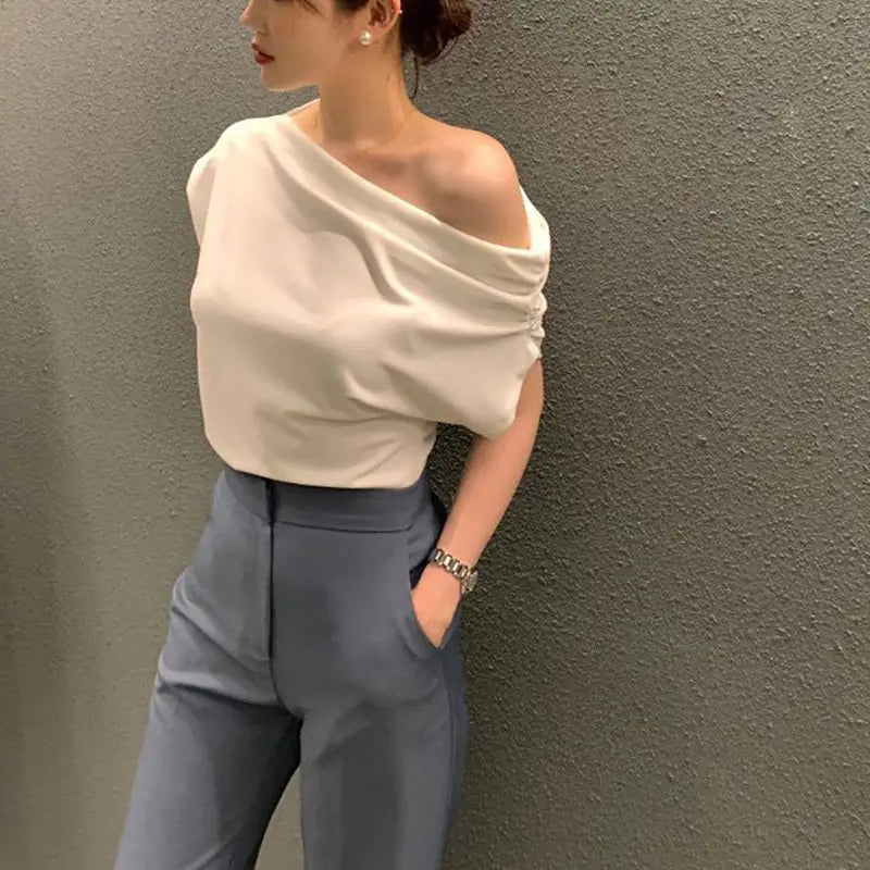 Irregular Shoulder Design Loose Solid Color Pullover Short Sleeve T-shirt