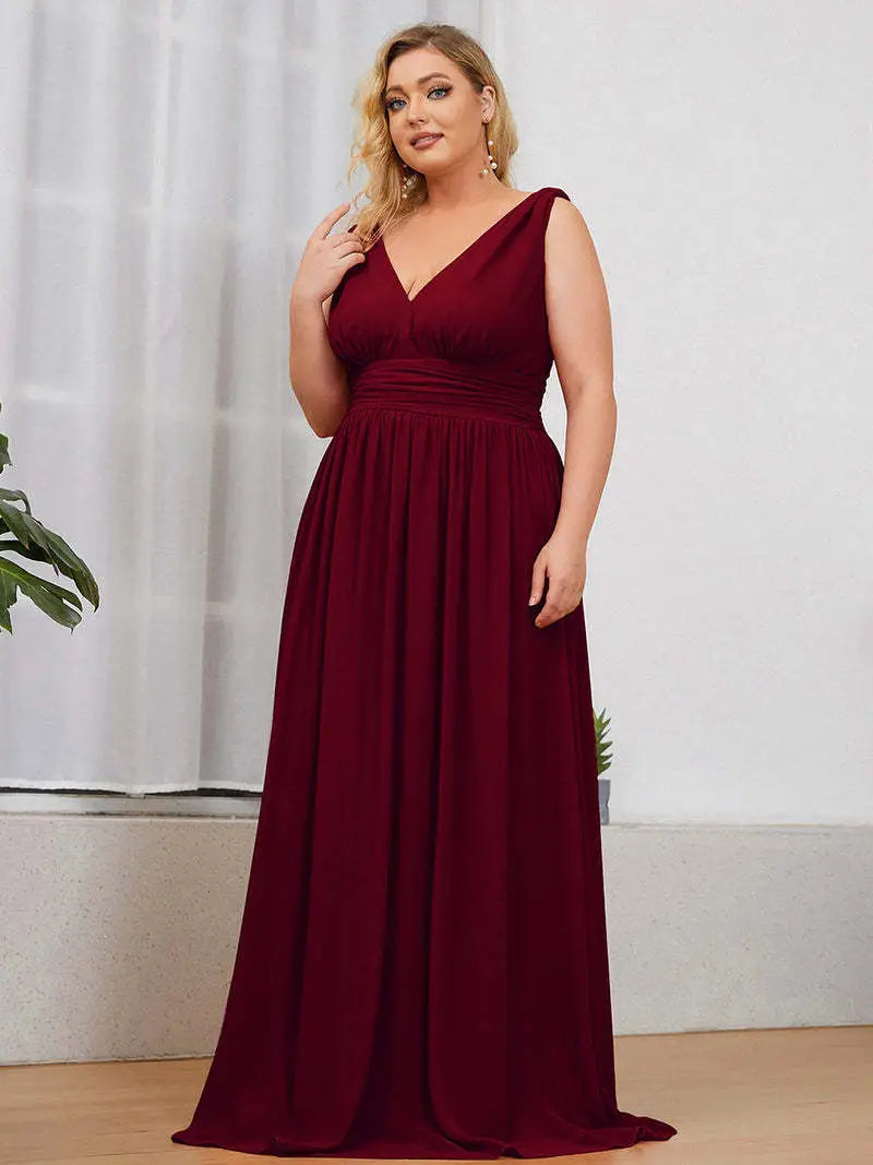 Deep V-neck Bridesmaid Plus Size High Waist Evening Dress