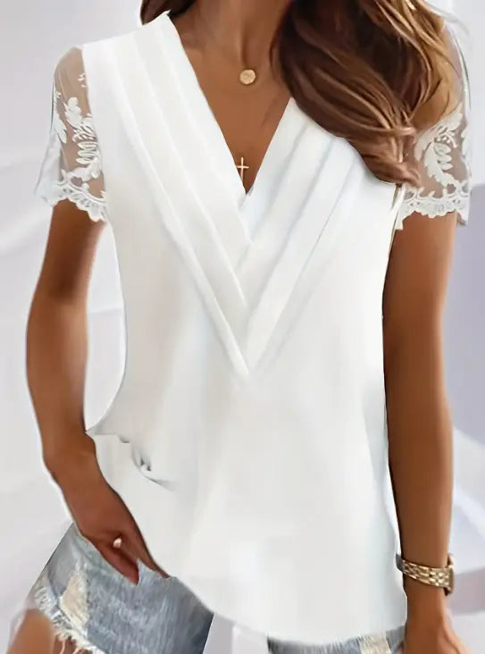 Contrast Lace Tucked Blouse Casual V Neck Short Sleeve Blouse