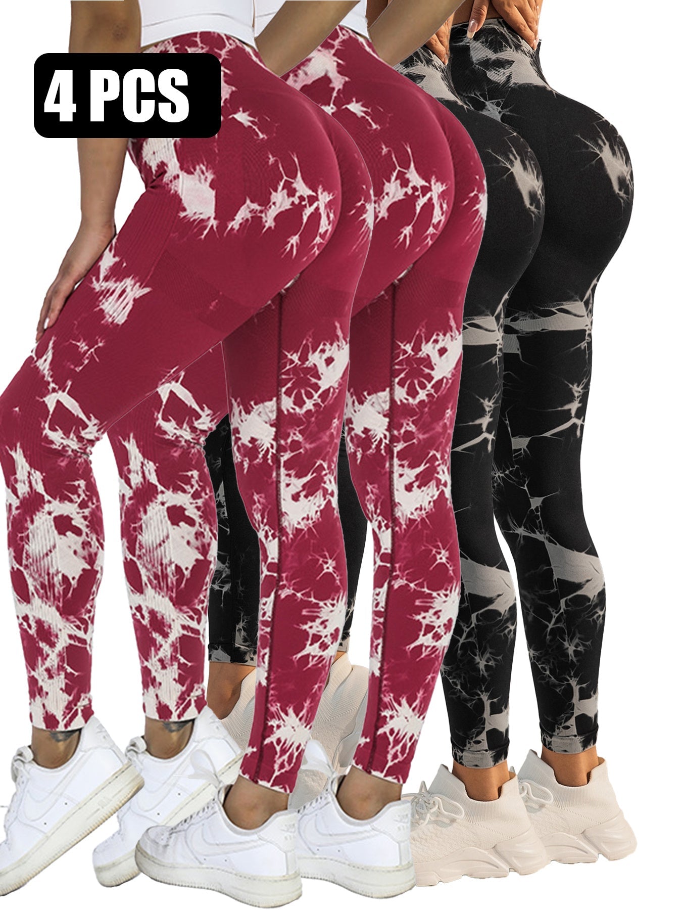 4pcs Tie-dye Yoga Pants Active Yoga Pants - 2RED2BLK / S - 5
