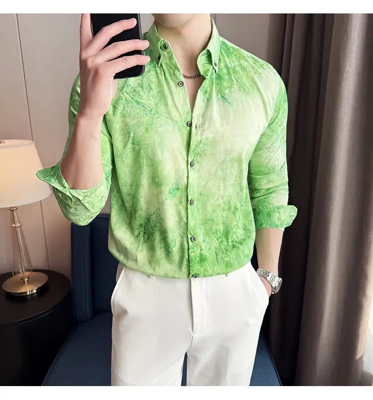 Trendy Tie-dye Printed Shirt Men’s Long Sleeve Spring Slim-fitting