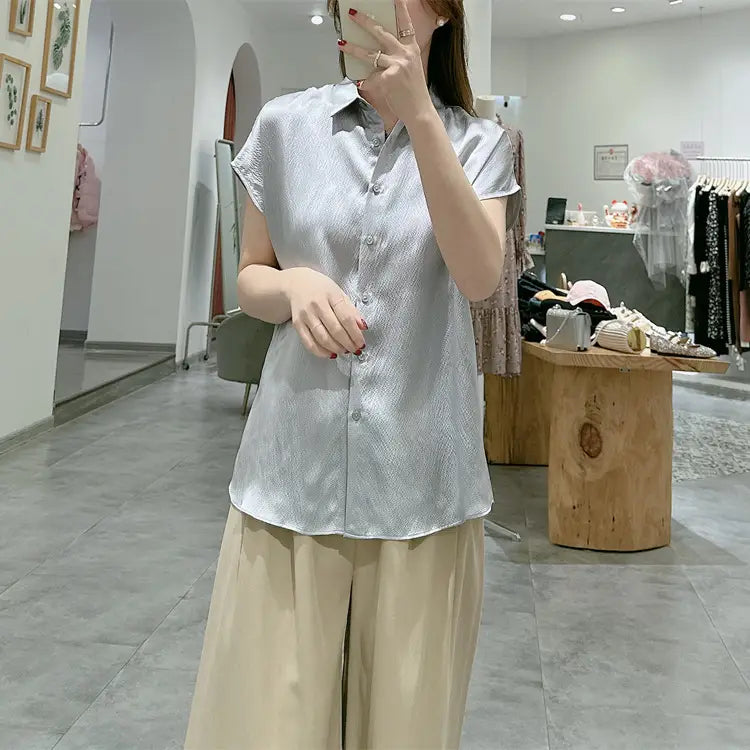Pearl Satin Shirt Reverse Collar Single-breasted
