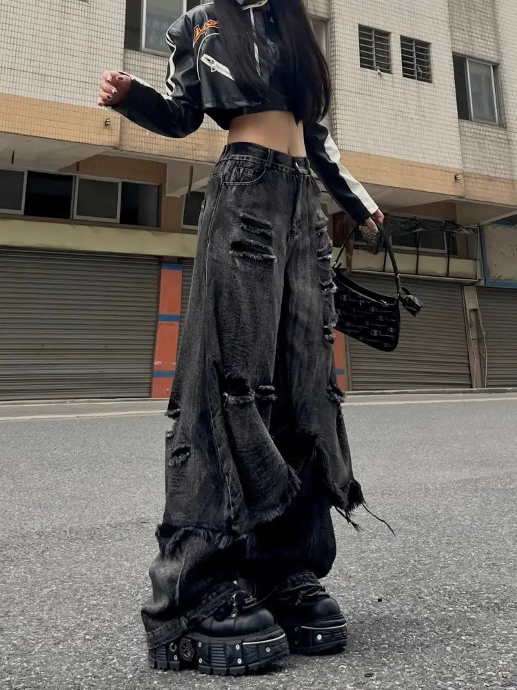 High Street Distressed Cargo Jeans Wide Leg Trousers