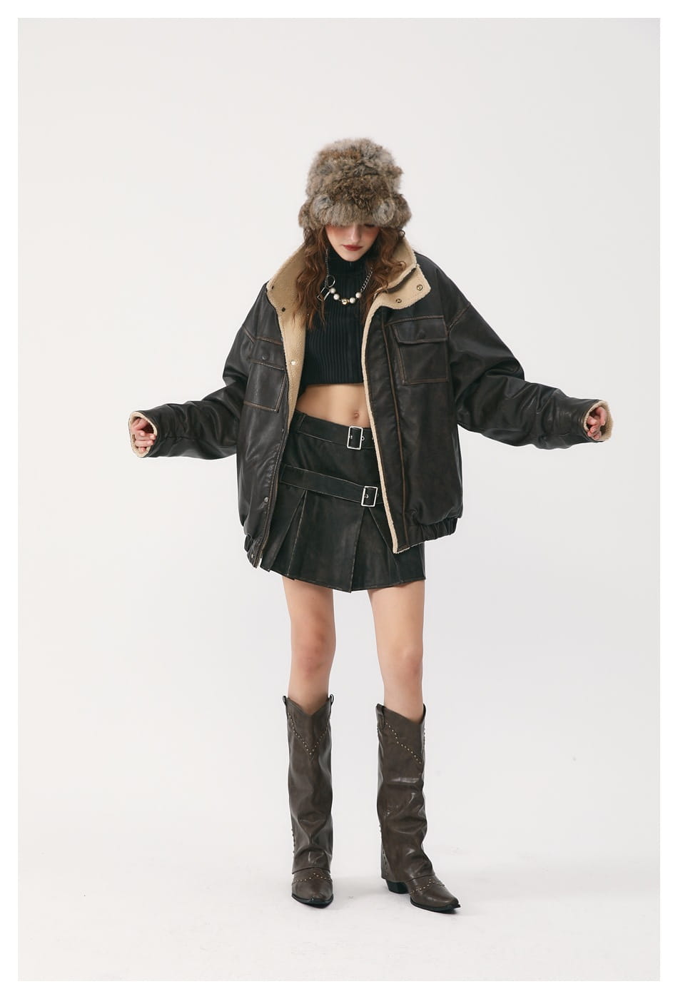 Winter PU Leather Coat Cotton-padded Coat Stand Collar Coat Thickened Lamb Wool