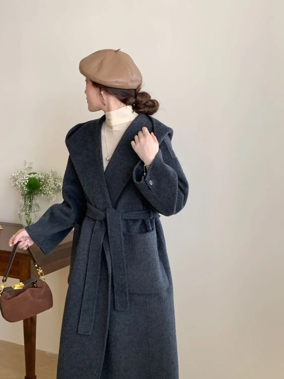 Solid Color Hooded Double-sided Wool Overcoat Women
