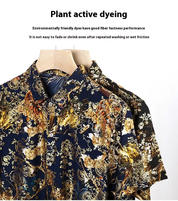 Summer Men’s Middle-aged Printed Shirt Short Sleeve Stretch Ice Silk Leisure