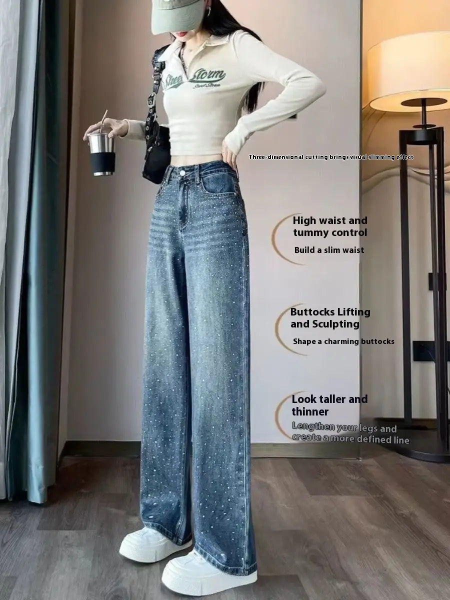 Korean Style Rhinestone High Waist Narrow Wide Leg Jeans