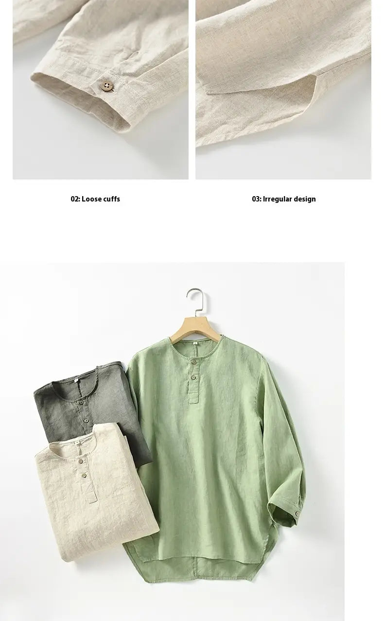 Casual Linen Men’s Simple Round Neck 34 Sleeves Linen T-shirt Loose Breathable Top