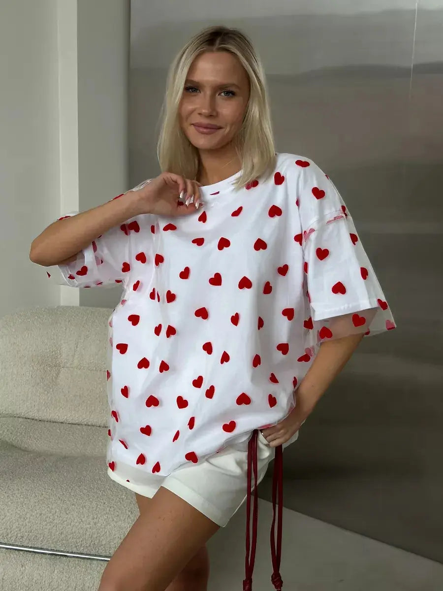European And American Style Women’s Love Mesh Stitching Loose Basic Style Round Neck Short Sleeve T-shirt