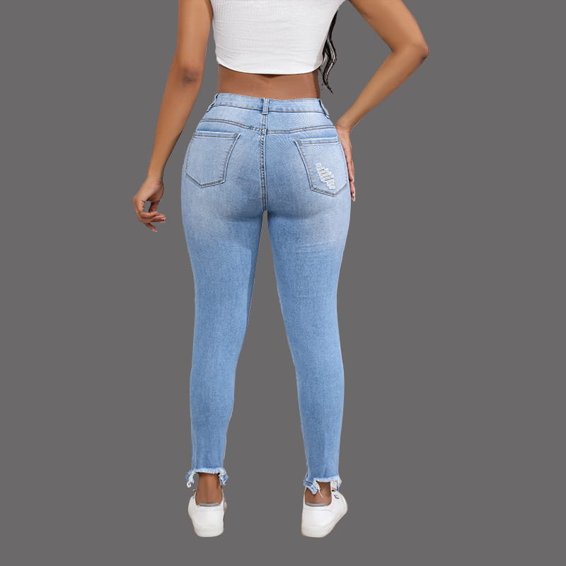 Water Washed Hole Slim High Waist Stretch Retro Denim Skinny Pants Women