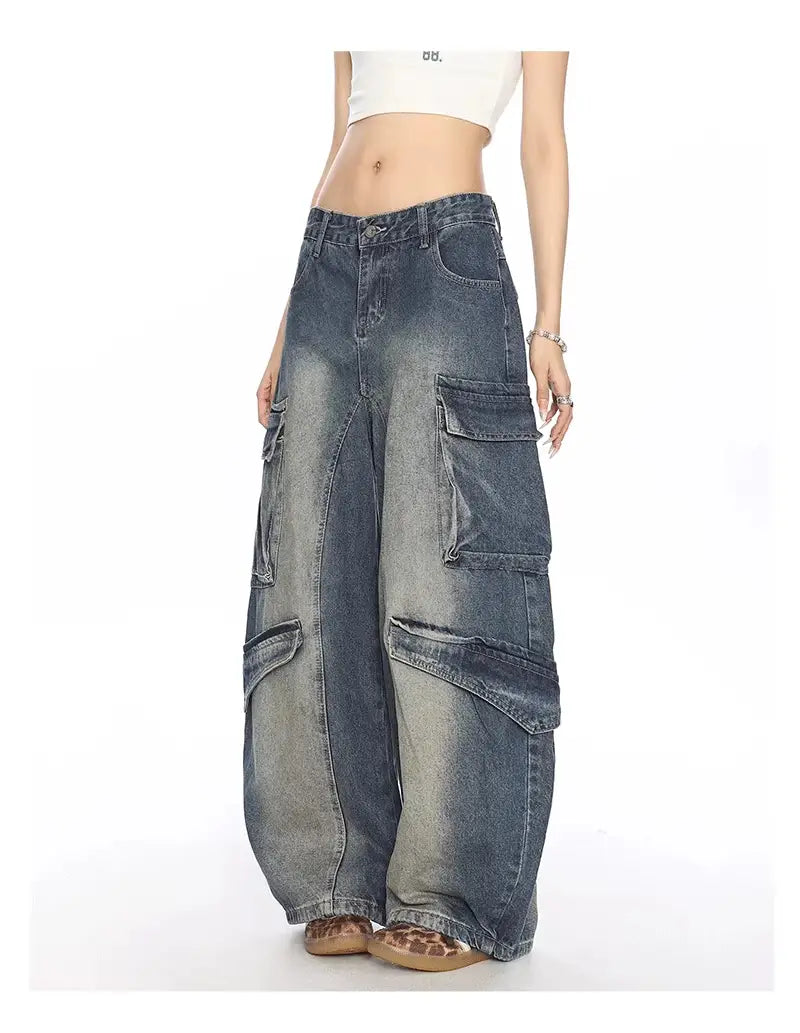 Washed Multi-pocket Denim Matchet Pants