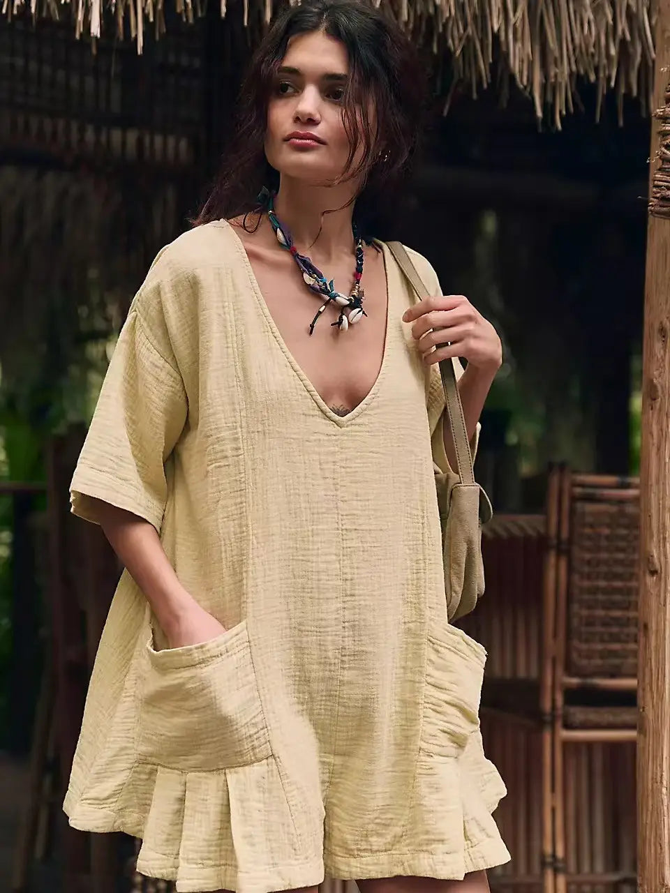 New Slub Cotton Ruffled V-neck Pocket Beach Sun Protection Blouse For Women