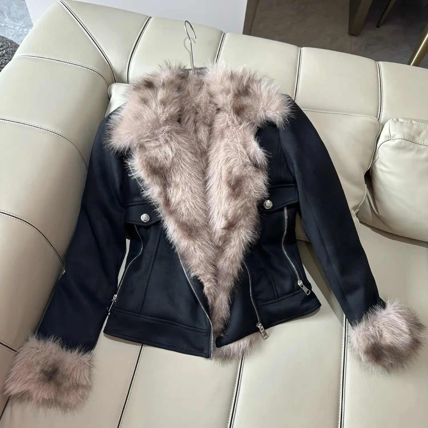 Winter Black Fur Motorcycle Warm Jacket