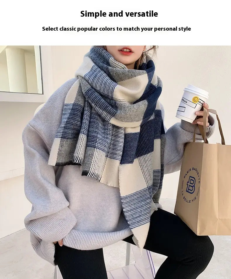 Women’s Japanese-style White And Blue Plaid Scarf