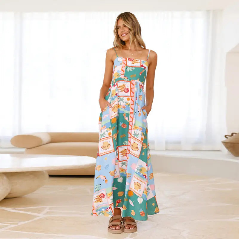 Painted Vacation Style Large Swing Sling Dress Women