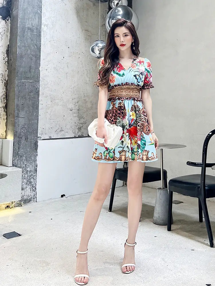 Printed Small Waist Slim V-neck Dress In Summer