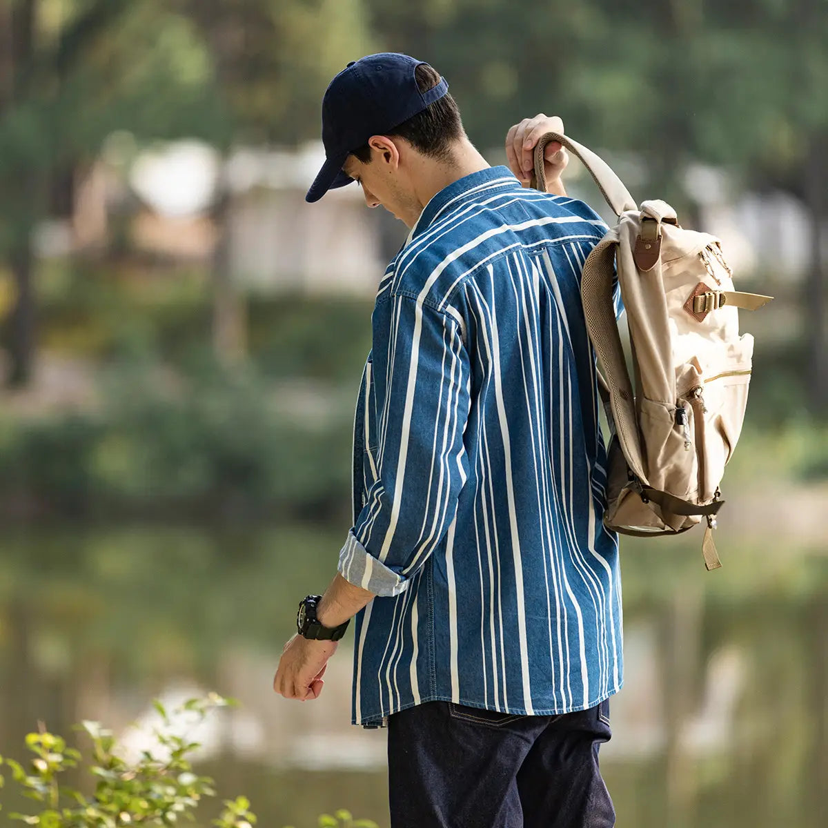 Men’s Loose-fit Autumn Washed Striped Denim Shirt With Chest Pockets