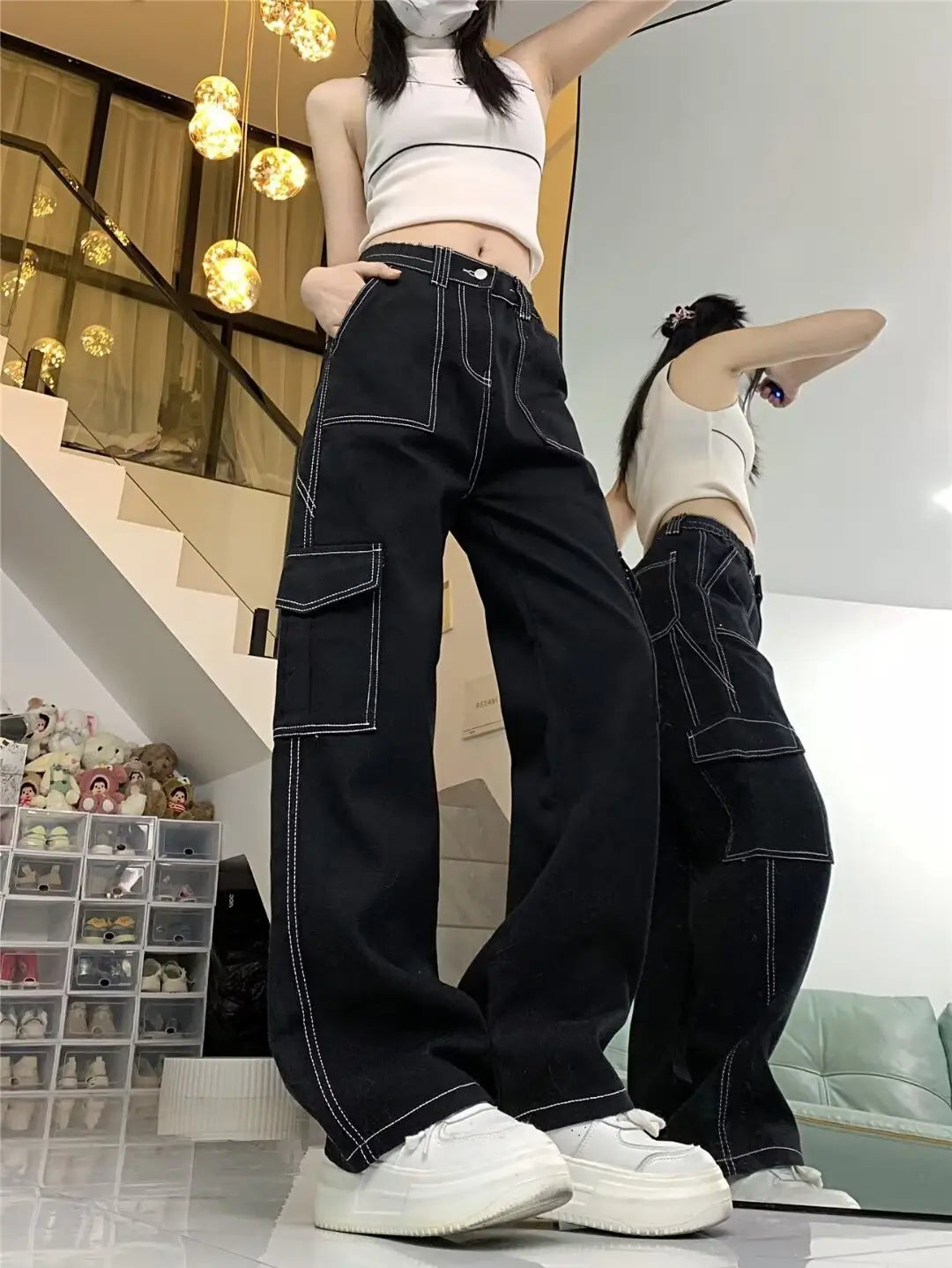 Jeans Women’s Straight Loose Spring Wide-leg Overalls