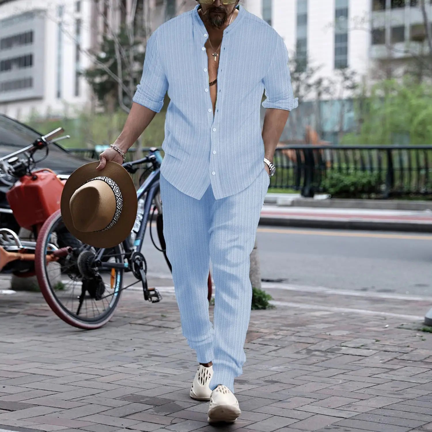 Men’s Striped Hengli Collar Shirt Trousers