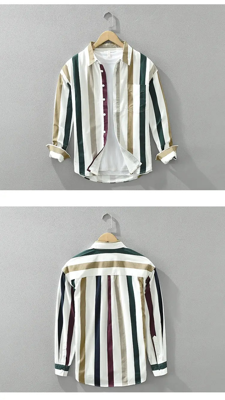 Striped Long Sleeve Shirt Men’s Versatile Leisure Artistic Loose Square Collar Top