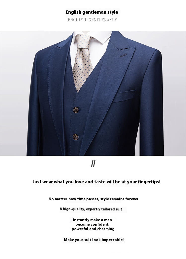 Men’s British Korean Slim Fit Dark Blue Casual Three-piece Suit