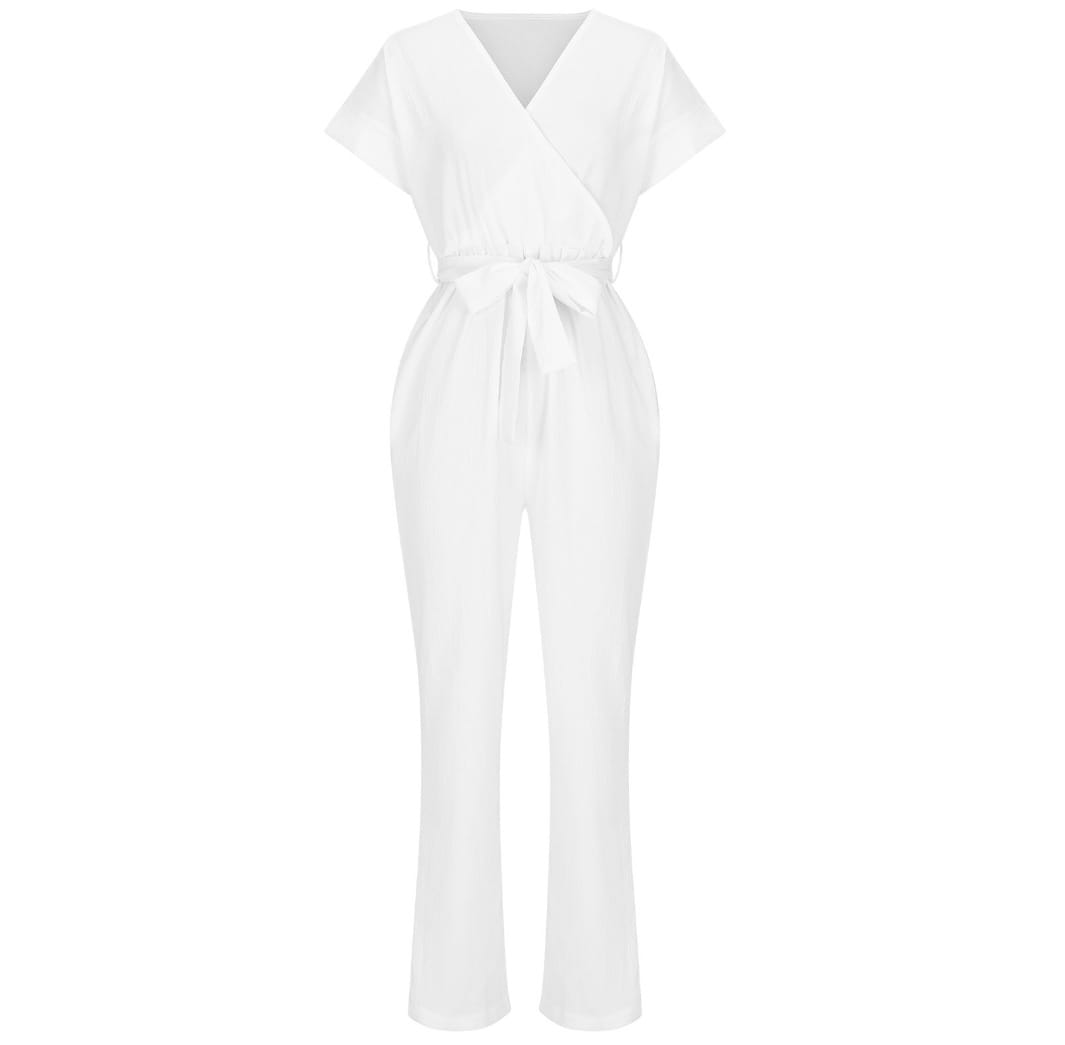 Women’s Short-sleeved V-neck Pocket Jumpsuit