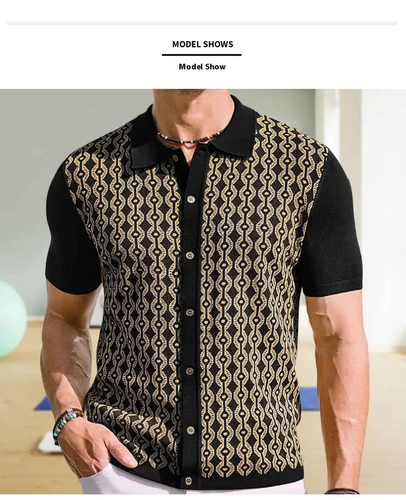 Summer Tencel Short-sleeved Sweater Lapel Jacquard Cardigan For Men