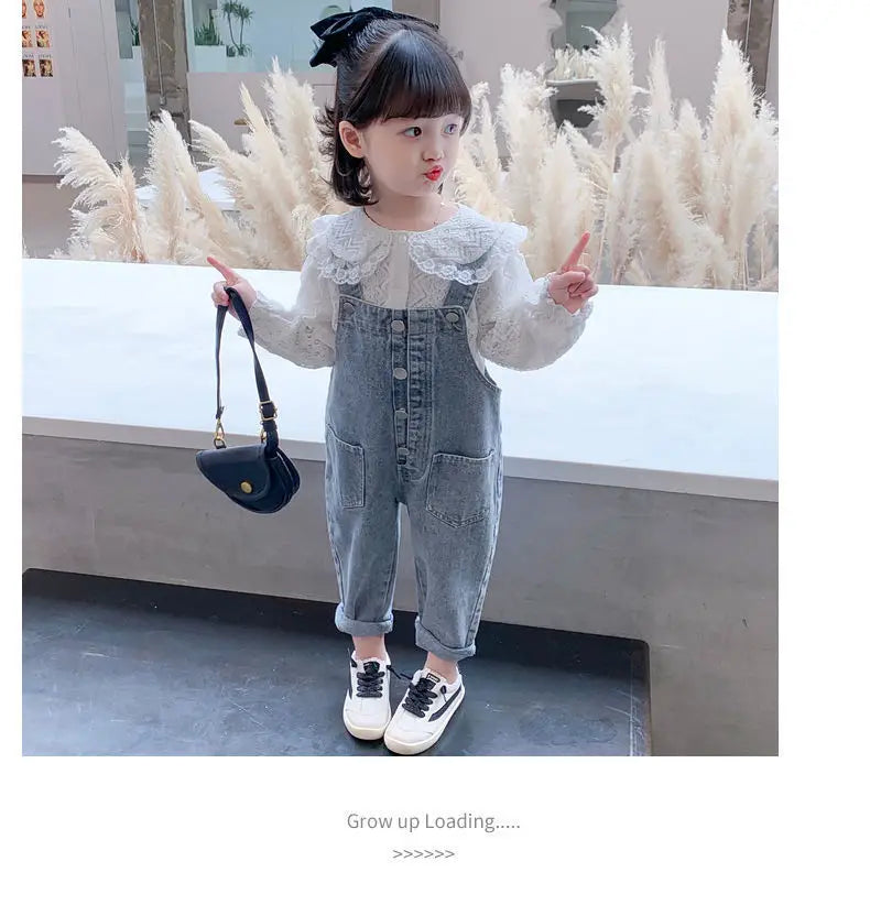 Girls Denim Overalls And Lace Shirt Two-piece Suit