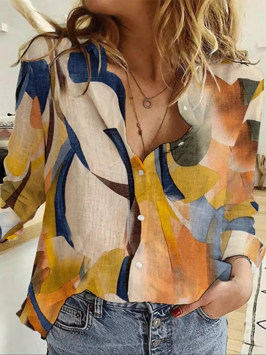 Loose Digital Printing Lantern Long Sleeve Shirt For Women