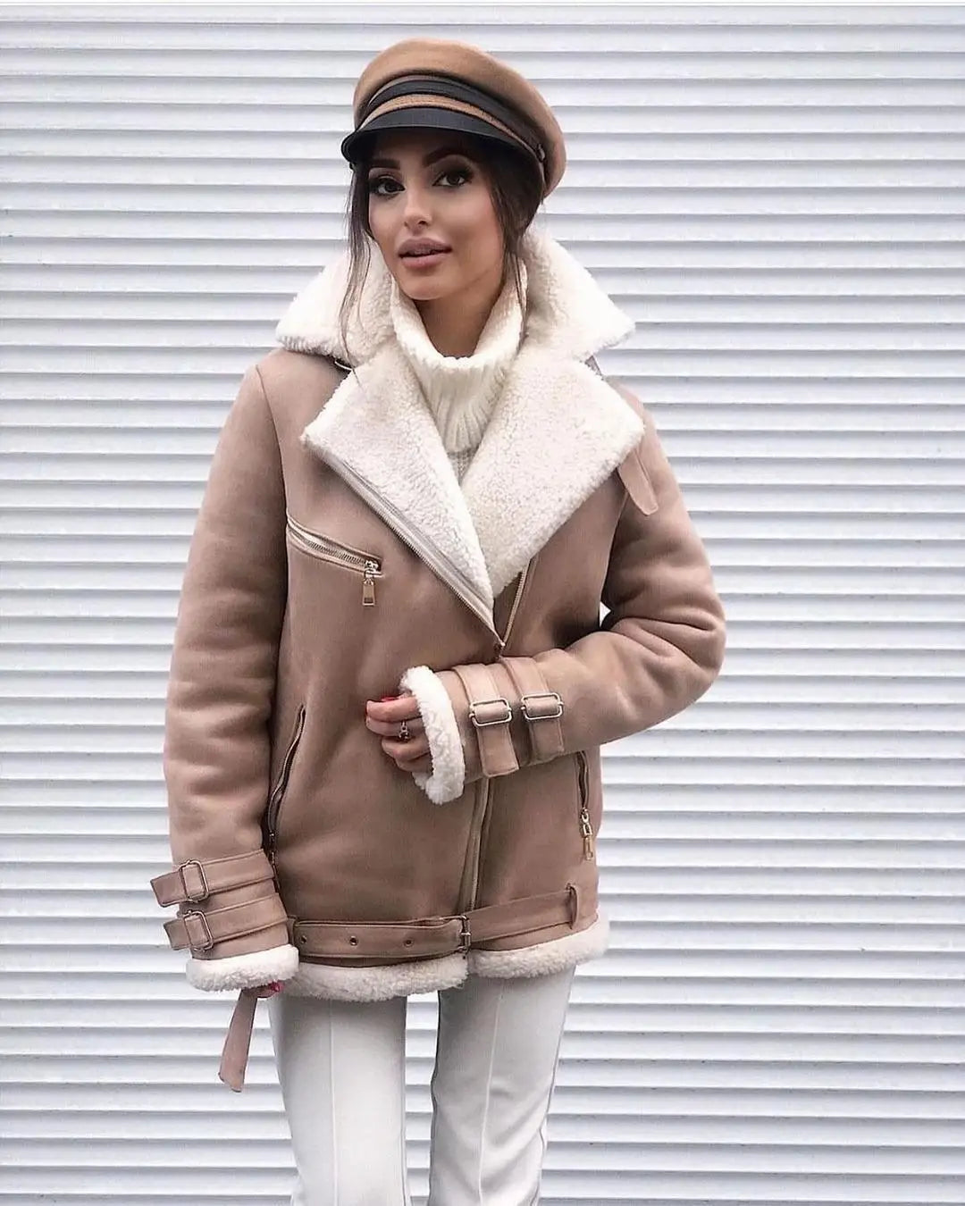 European And American Autumn And Winter Suede Lapel Zipper Cardigan Fashion Long Sleeve Solid Color Coat For Women