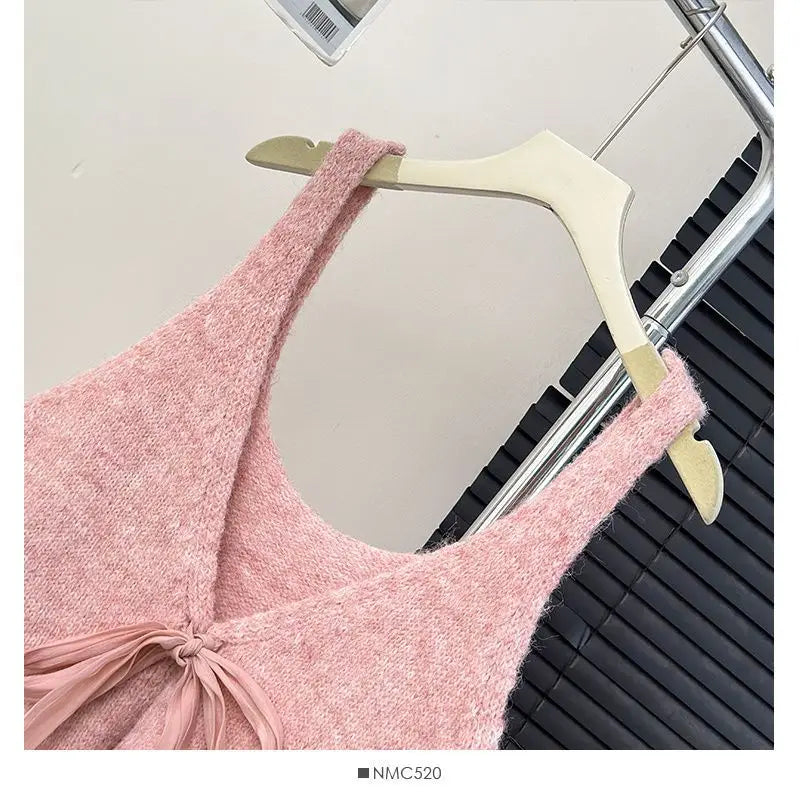 Korean Style Sleeveless Bow Design Double-sided Wear Bandage Dress Vest Sweet