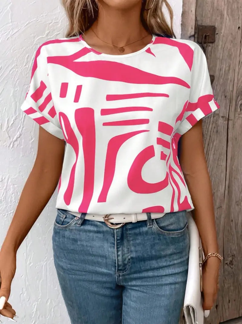 Batwing Sleeve Round Neck Geometric Printed Shirt For Women