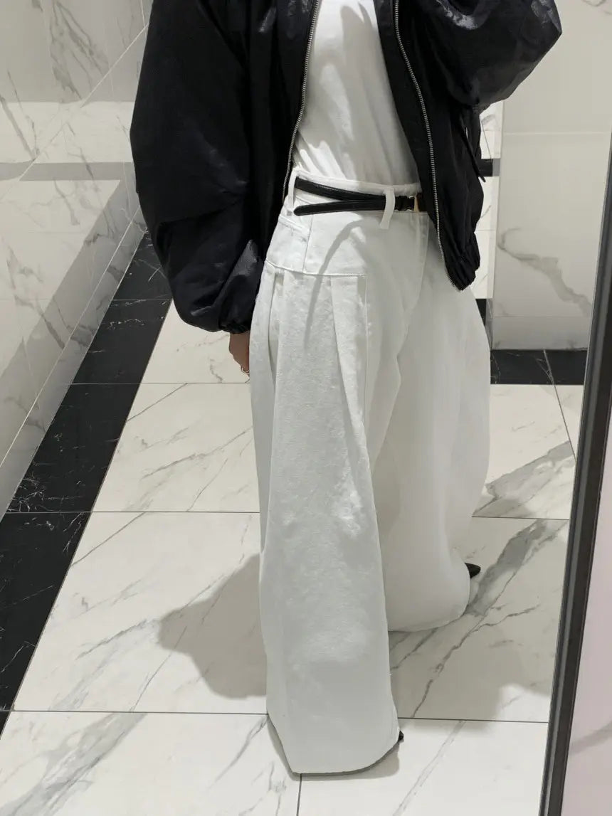 Women’s Korean-style Temperament High Waist Pleated Stitching Wide-leg Jeans
