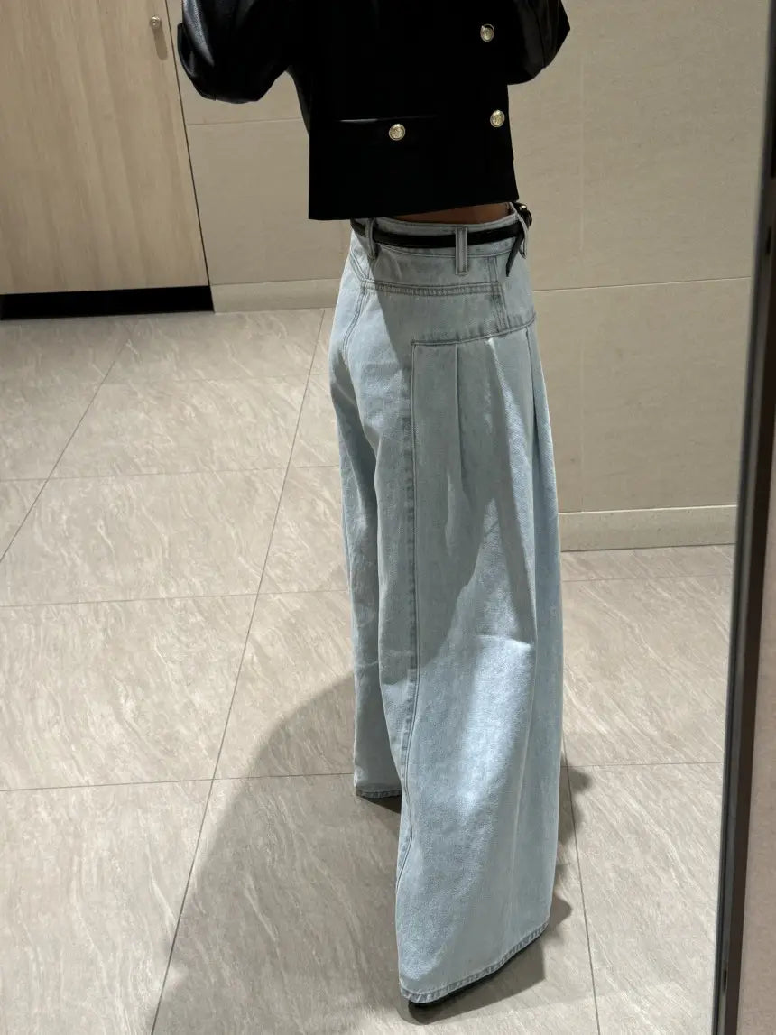 Women’s Korean-style Temperament High Waist Pleated Stitching Wide-leg Jeans