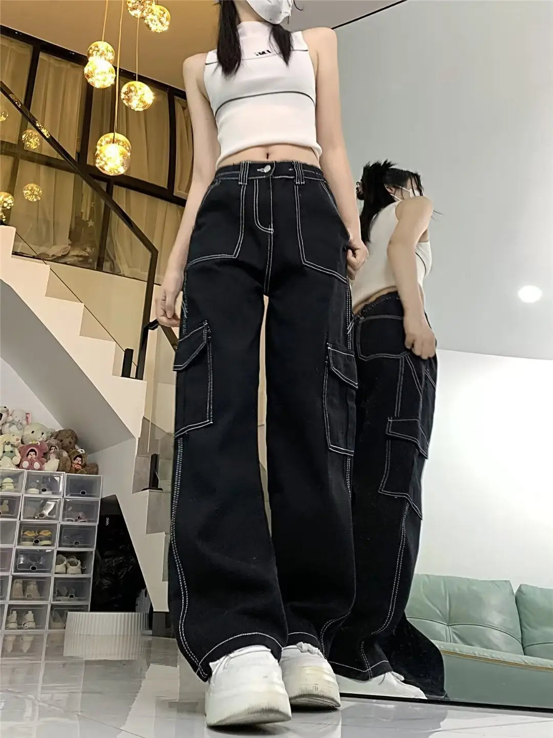 Jeans Women’s Straight Loose Spring Wide-leg Overalls