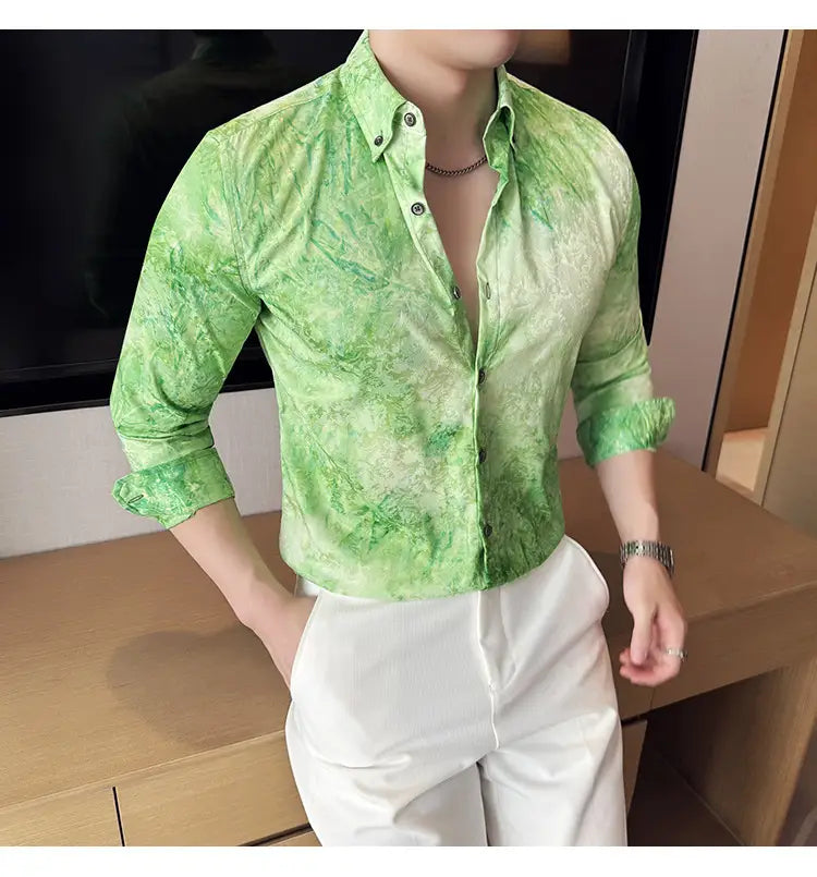 Trendy Tie-dye Printed Shirt Men’s Long Sleeve Spring Slim-fitting