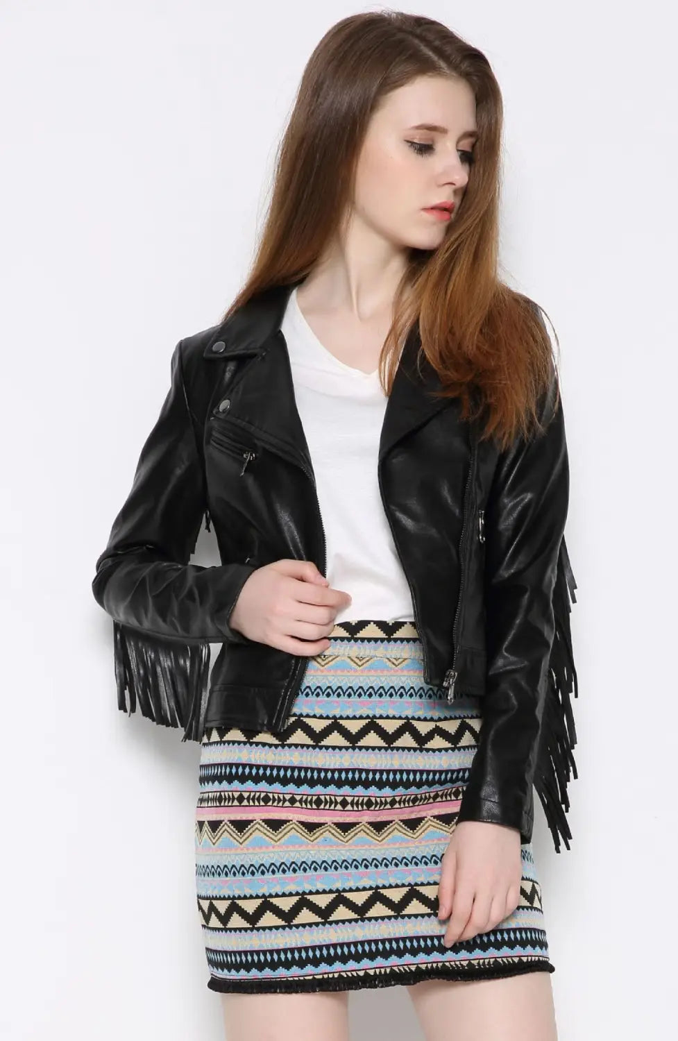 European And American Tassel Oblique Zipper Leather Women’s Slim Coat Motorcycle Street