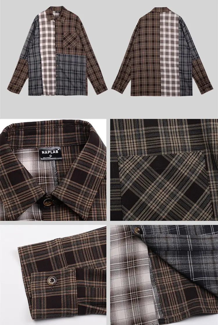Irregular Patchwork Plaid Long Sleeved Shirt