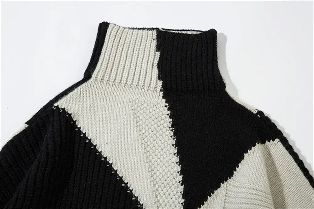 Patchwork Contrast Color Irregular Turtleneck Sweater