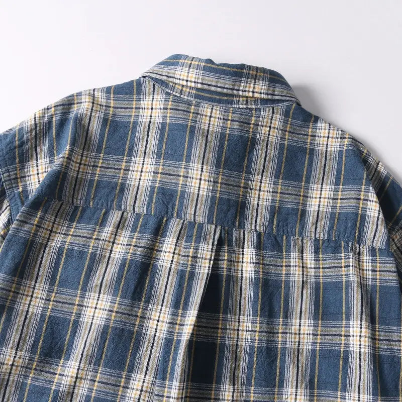Summer New Japanese-style Retro Washed Yarn-dyed Plaid Short-sleeved Shirt