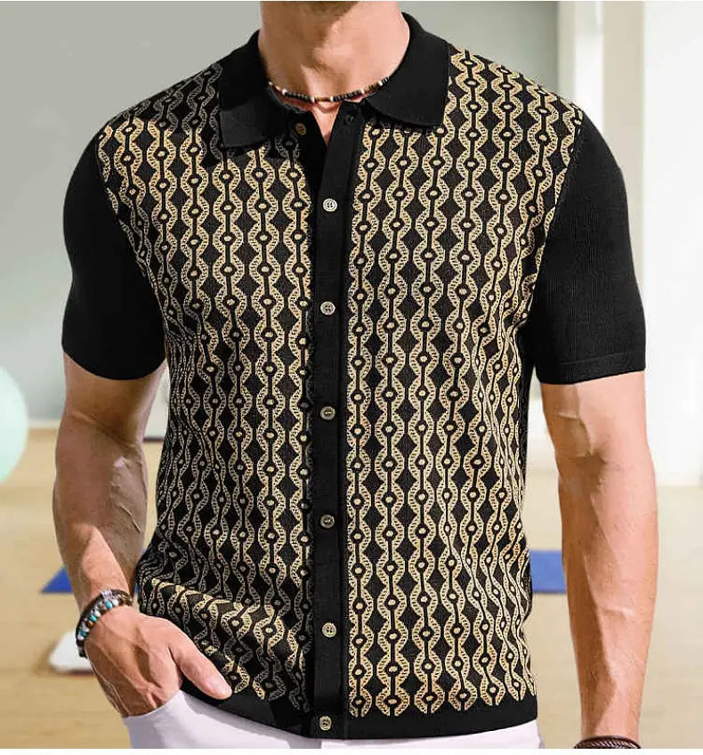 Summer Tencel Short-sleeved Sweater Lapel Jacquard Cardigan For Men