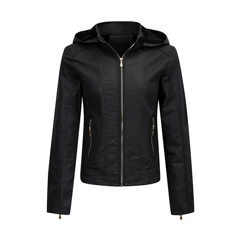 Women’s Clothing Fleece-lined Thickened Leather Coat Hooded