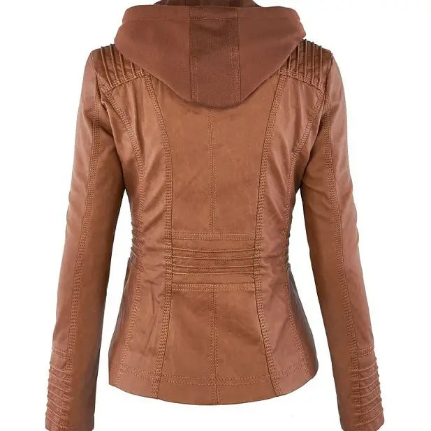 Women’s Detachable Lapel Long Sleeve Solid Color Zipper Leather Jacket Coat