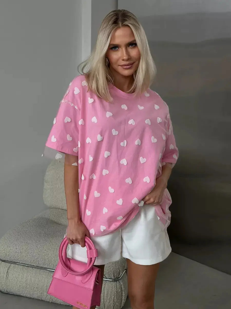 European And American Style Women’s Love Mesh Stitching Loose Basic Style Round Neck Short Sleeve T-shirt