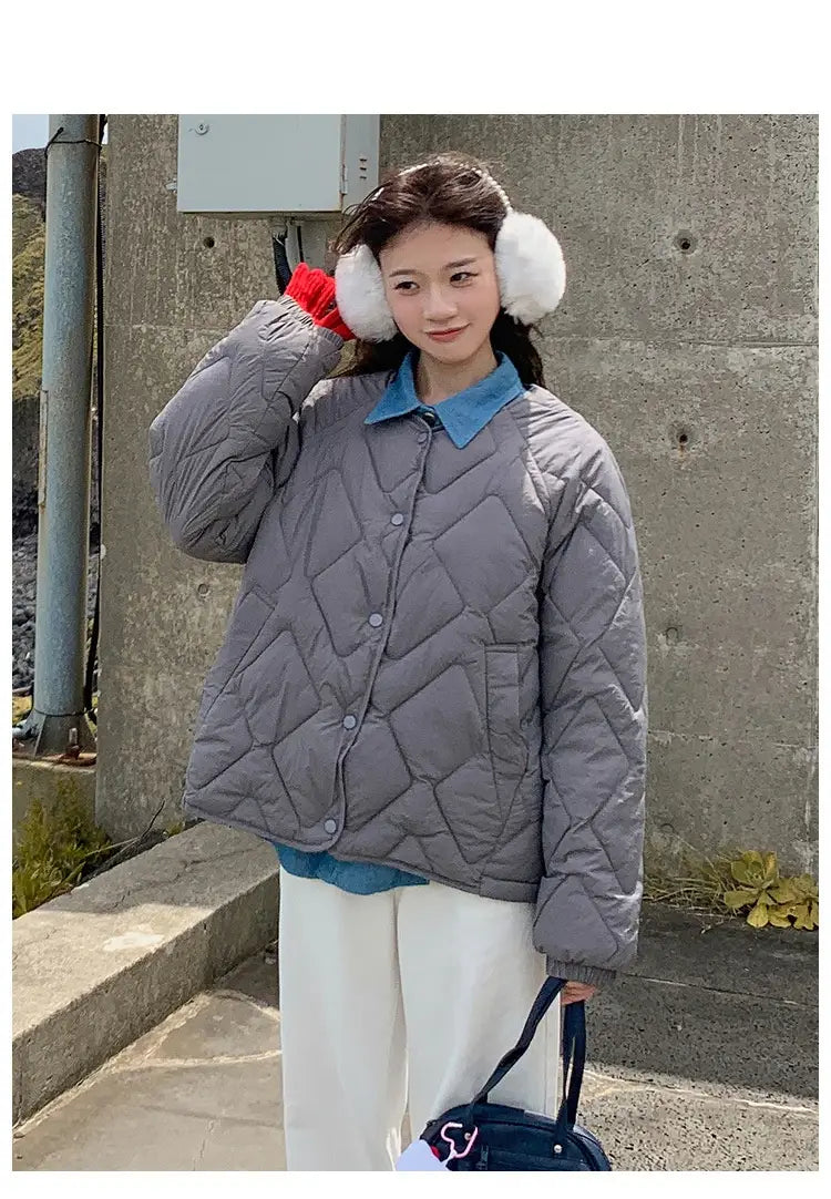 Korean Style Down Cotton Jacket Women’s Short Light Round Neck