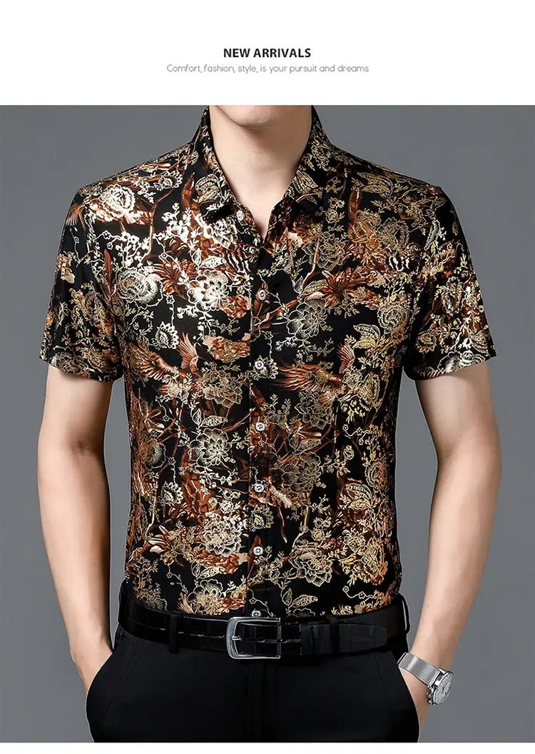 Summer Men’s Middle-aged Printed Shirt Short Sleeve Stretch Ice Silk Leisure