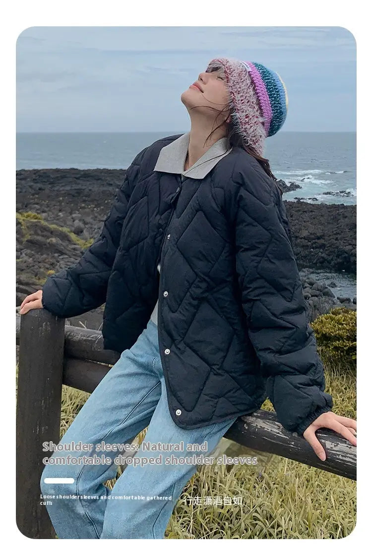 Korean Style Down Cotton Jacket Women’s Short Light Round Neck