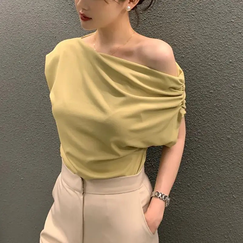 Irregular Shoulder Design Loose Solid Color Pullover Short Sleeve T-shirt