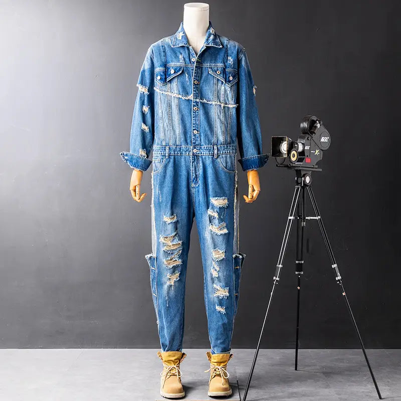 Men’s Denim Hip Hop Ripped Wash Cargo Jumpsuit