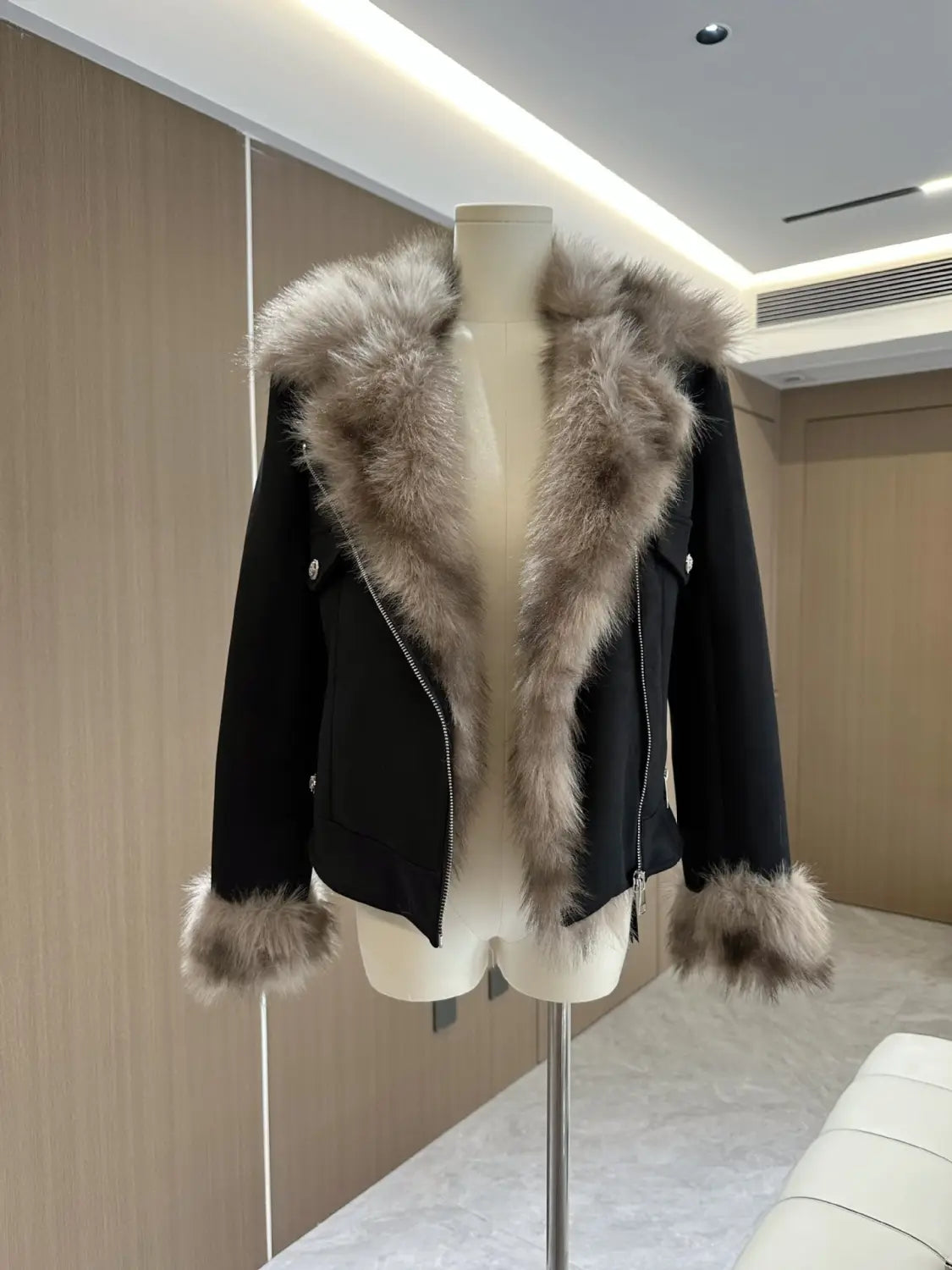 Winter Black Fur Motorcycle Warm Jacket